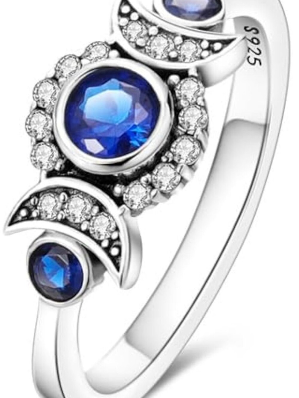 NWT 925 Sterling Silver Triple Moon Phase Blue Sapphire CZ Ring - Size 8Category